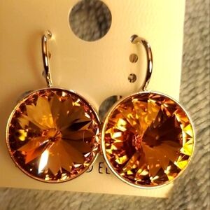NEW Swarovski Dark Brown Round Crystal Leverback dangle earrings.